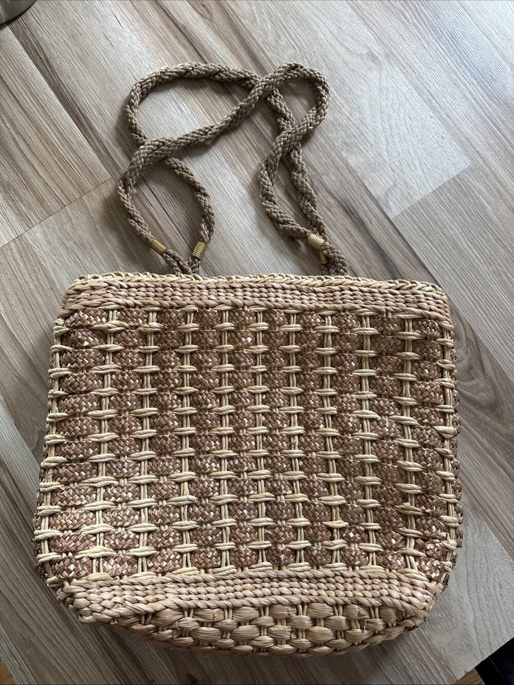100% Corn Husk Woven Tote Bag Brown Handles Boho Shoulder Purse Coastal Boho
